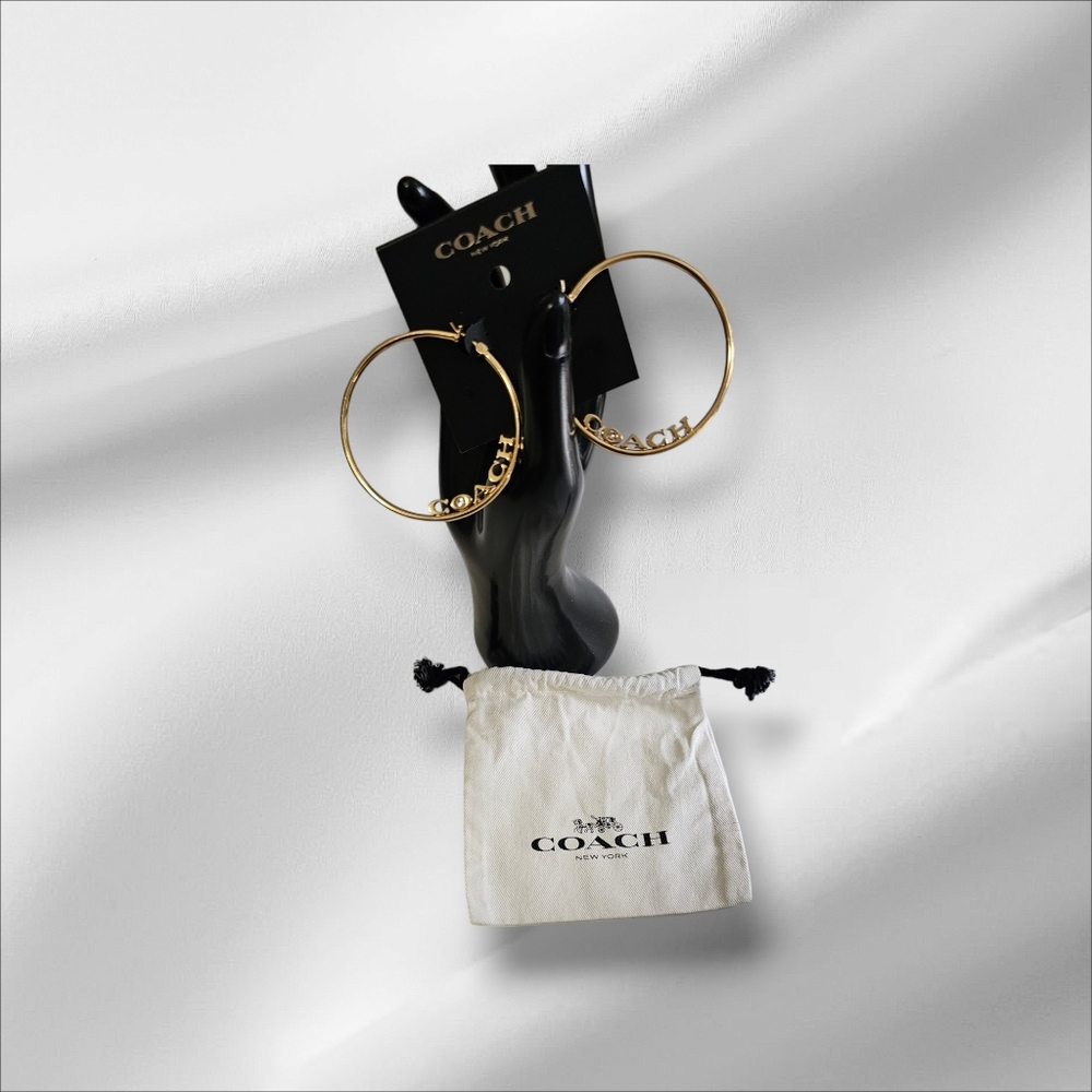 COACH Gold Tone Hoop Earrings and Mini Dust Bag. - Picture 2 of 8